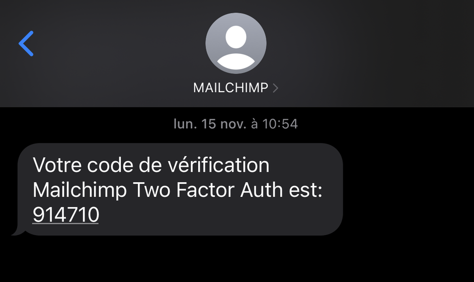 capture d'écran code de vérification (OTP) Mailchimp mfa